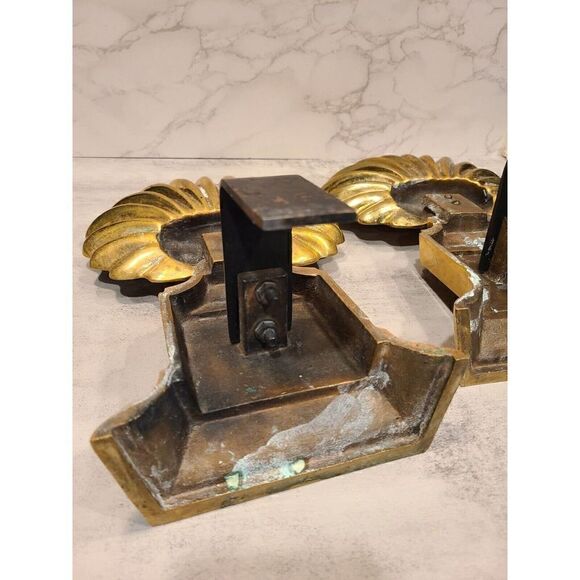 Vintage 12" Brass Art Deco Hollywood Regency Andirons Shell Motif Fireplace EUC - Picture 6 of 10